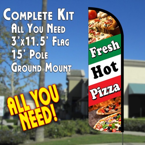 Fresh Hot Pizza (Tri-Color) Windless Feather Banner Flag Kit (Flag, Pole, & Ground Mt)