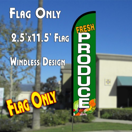 FRESH PRODUCE (Green/White) Windless Polyknit Feather Flag (2.5 x 11.5 feet)