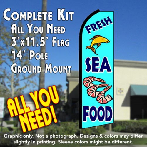 FRESH SEAFOOD (Blue) Flutter Feather Banner Flag Kit (Flag, Pole, & Ground Mt)