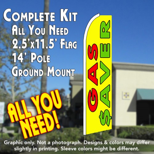 GAS SAVER (Yellow) Flutter Feather Banner Flag Kit (Flag, Pole, & Ground Mt)