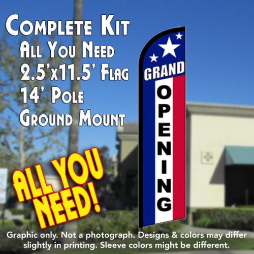 GRAND OPENING (RWB) Windless Feather Banner Flag Kit (Flag, Pole, & Ground Mt)