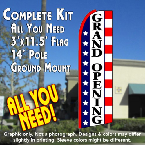 GRAND OPENING (Stars & Stripes) Flutter Feather Banner Flag Kit (Flag, Pole, & Ground Mt)