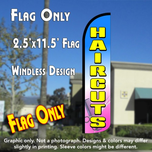 HAIRCUTS (Blue/Yellow) Windless Polyknit Feather Flag 