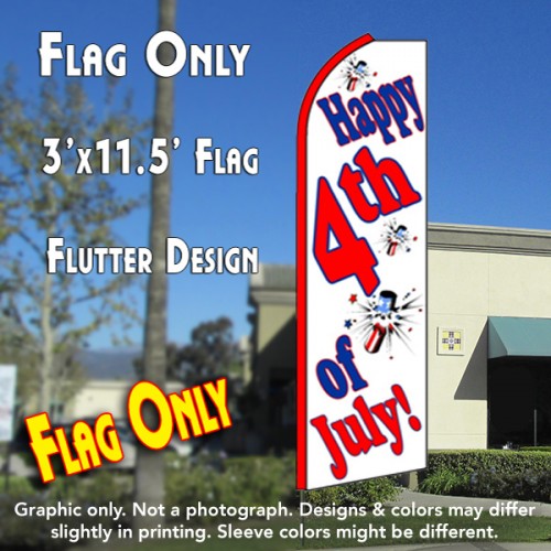HAPPY 4th OF JULY (White) Flutter Feather Banner Flag (11.5 x 3 Feet) 