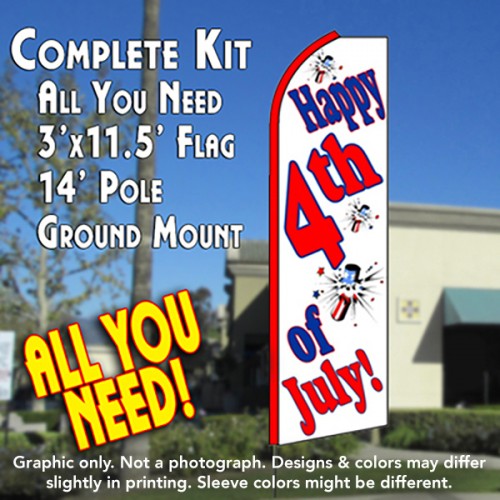 HAPPY 4th OF JULY (White) Flutter Feather Banner Flag Kit (Flag, Pole, & Ground Mt)