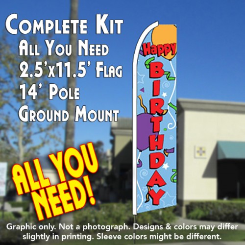 HAPPY BIRTHDAY (Blue) Flutter Feather Banner Flag Kit (Flag, Pole, & Ground Mt)