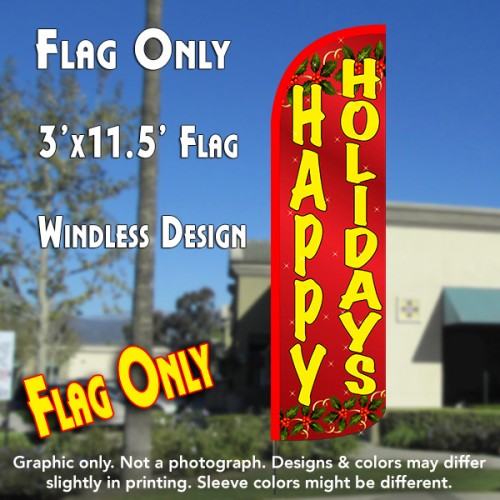 Happy Holidays (Red) Windless Polyknit Feather Flag (3 x 11.5 feet)