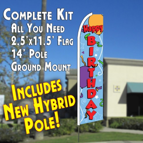HAPPY BIRTHDAY (Blue) Flutter Feather Banner Flag Kit (Flag, Pole, & Ground Mt)