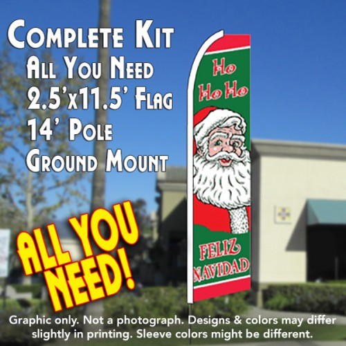 HO HO HO (Feliz Navidad) Flutter Feather Banner Flag Kit (Flag, Pole, & Ground Mt)
