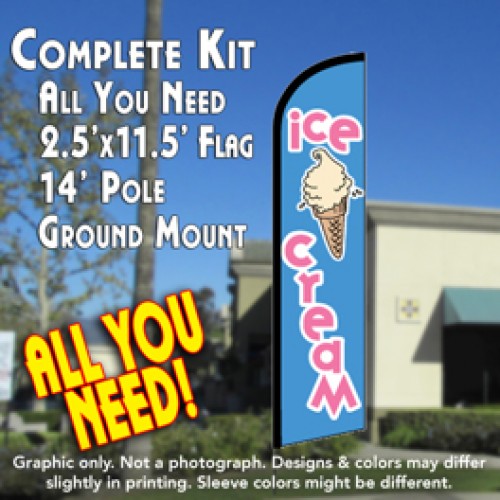 ICE CREAM (Blue) Windless Feather Banner Flag Kit (Flag, Pole, & Ground Mt)