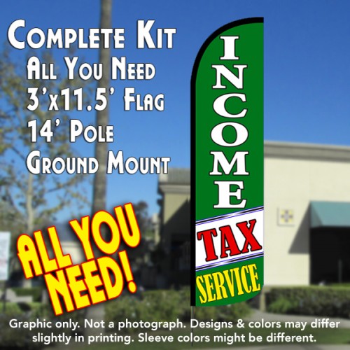 Income Tax Service (Green/White) Windless Feather Banner Flag Kit (Flag, Pole, & Ground Mt)