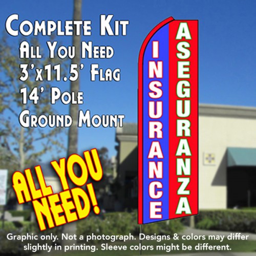 Insurance Aseguranza Blue Red White Flutter Feather Banner Flag Kit Flag Pole Ground Mt Overnight Grafix