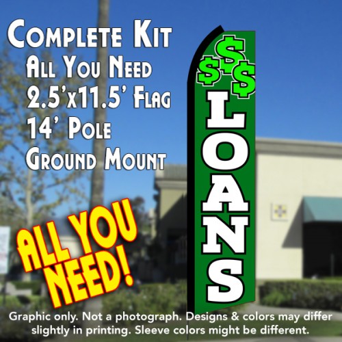 LOANS (Green/White) Flutter Feather Banner Flag Kit (Flag, Pole, & Ground Mt)