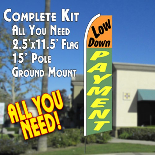 LOW DOWN PAYMENT (Orange/Green) Flutter Feather Banner Flag Kit (Flag, Pole, & Ground Mt)