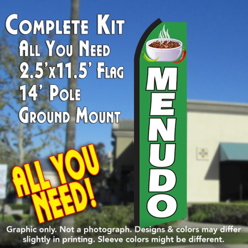 MENUDO (Green/White) Flutter Feather Banner Flag Kit (Flag, Pole, & Ground Mt)