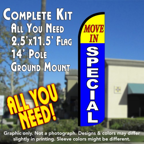 MOVE IN SPECIAL (Yellow/Blue) Windless Feather Banner Flag Kit (Flag, Pole, & Ground Mt)