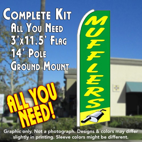 MUFFLERS (Green/Yellow) Flutter Feather Banner Flag Kit (Flag, Pole, & Ground Mt)