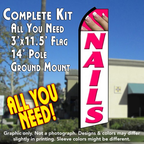 NAILS (White/Pink) Flutter Feather Banner Flag Kit (Flag, Pole, & Ground Mt)