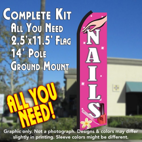 NAILS (Pink/White) Flutter Feather Banner Flag Kit (Flag, Pole, & Ground Mt)
