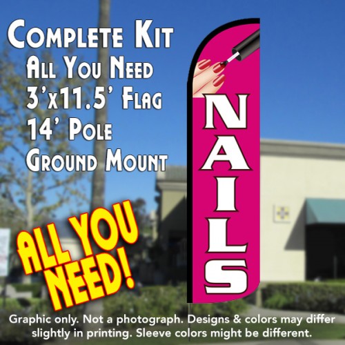 Nails (Pink/White) Windless Feather Banner Flag Kit (Flag, Pole, & Ground Mt)