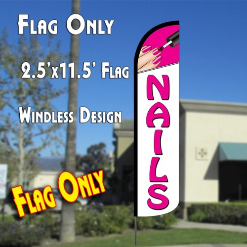 NAILS (Pink/White) Windless Polyknit Feather Flag (2.5 x 11.5 feet)