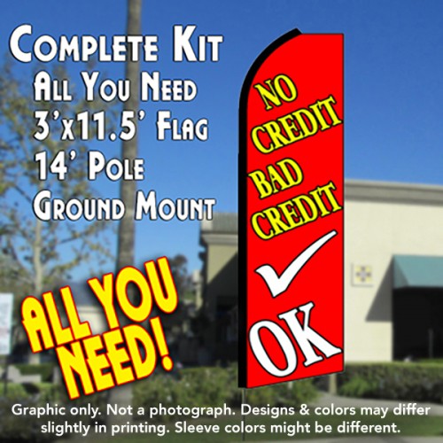 NO CREDIT BAD CREDIT OK (Red) Flutter Feather Banner Flag Kit (Flag, Pole, & Ground Mt)