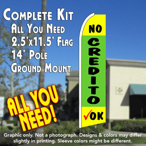 NO CREDITO OK (Yellow/Green) Flutter Feather Banner Flag Kit (Flag, Pole, & Ground Mt)