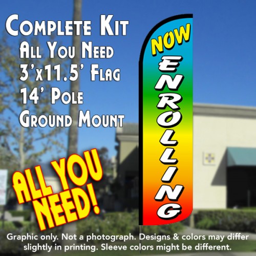 Now Enrolling (Multicolor) Windless Feather Banner Flag Kit (Flag, Pole, & Ground Mt)