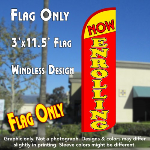 Now Enrolling (Yellow/Red) Windless Polyknit Feather Flag (3 x 11.5 feet)