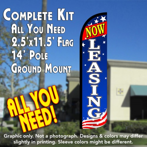 NOW LEASING (Blue/White/Stars) Windless Feather Banner Flag Kit (Flag, Pole, & Ground Mt)