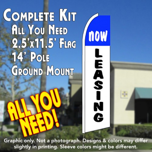 NOW LEASING (Blue/White) Flutter Feather Banner Flag Kit (Flag, Pole, & Ground Mt)