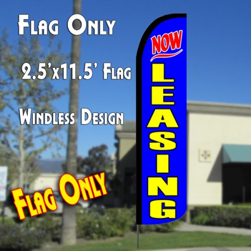 NOW LEASING (Blue) Windless Polyknit Feather Flag (2.5 x 11.5 feet)
