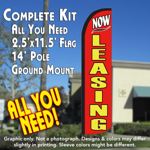 NOW LEASING (Red) Windless Feather Banner Flag Kit (Flag, Pole, & Ground Mt)