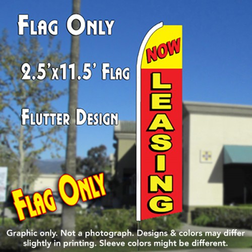 NOW LEASING (Yellow/Red) Flutter Feather Banner Flag (11.5 x 2.5 Feet)