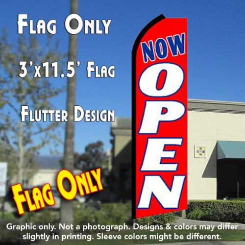 NOW OPEN (Red/White) Flutter Feather Banner Flag (11.5 x 3 Feet)