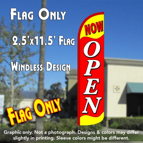 NOW OPEN (Yellow/Red) Windless Polyknit Feather Flag (2.5 x 11.5 feet)