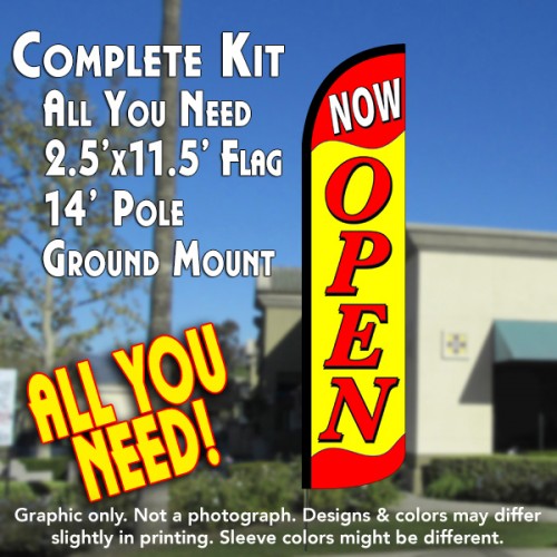 NOW OPEN (Yellow/Red) Windless Feather Banner Flag Kit (Flag, Pole, & Ground Mt)
