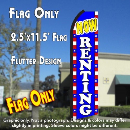 NOW RENTING (Blue/White/Stars) Flutter Polyknit Feather Flag (11.5 x 2.5 feet)