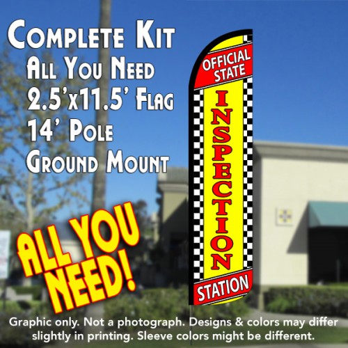 OFFICIAL STATE INSPECTION STATION (Checkered) Flutter Feather Banner Flag Kit (Flag, Pole, & Ground Mt)