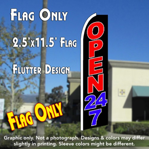 OPEN 24/7 (Black) Flutter Feather Banner Flag (11.5 x 2.5 Feet)
