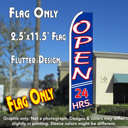 OPEN 24 HRS (Blue) Flutter Feather Banner Flag (11.5 x 2.5 Feet)