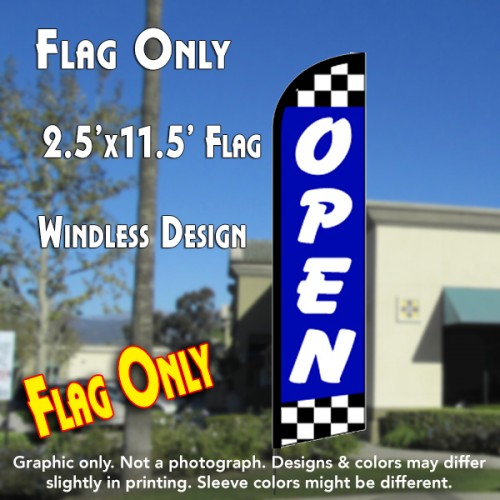 Open (Blue/Checks) Windless Feather Banner Flag (2.5 x 11.5 Feet)