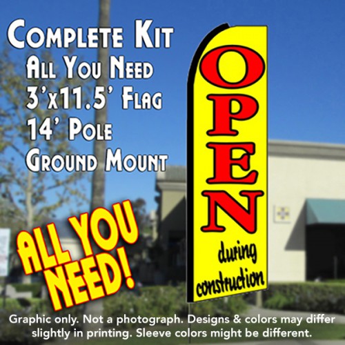 OPEN DURING CONSTRUCTION (Yellow) Flutter Feather Banner Flag Kit (Flag, Pole, & Ground Mt)