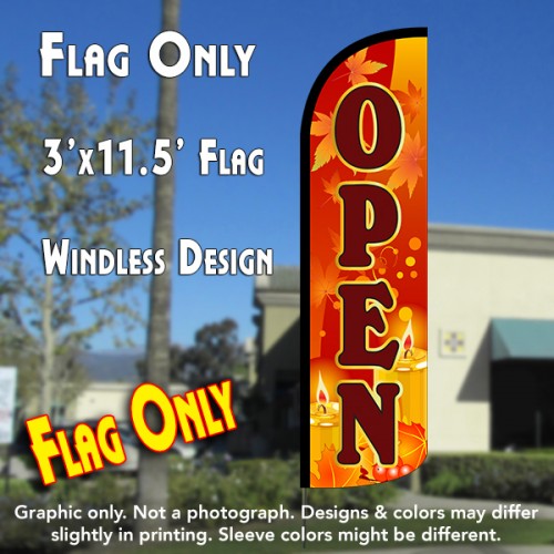 Open (Fall Theme) Windless Polyknit Feather Flag (3 x 11.5 feet)