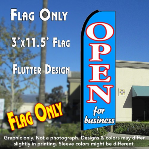 OPEN FOR BUSINESS (Blue) Flutter Feather Banner Flag (11.5 x 3 Feet)