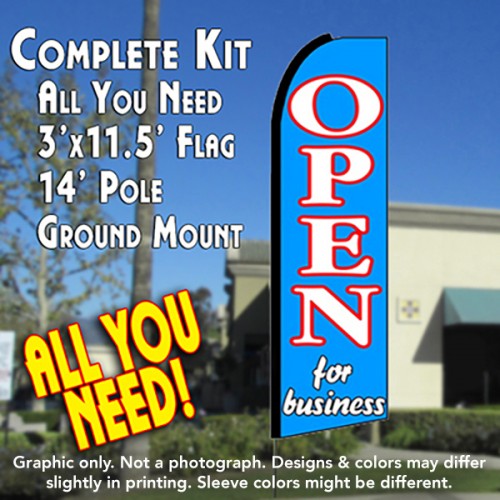 OPEN FOR BUSINESS (Blue) Flutter Feather Banner Flag Kit (Flag, Pole, & Ground Mt)