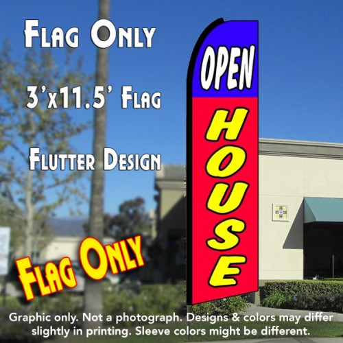 OPEN HOUSE (Blue/Red) Windless Feather Banner Flag (2.5 x 11.5 Feet)