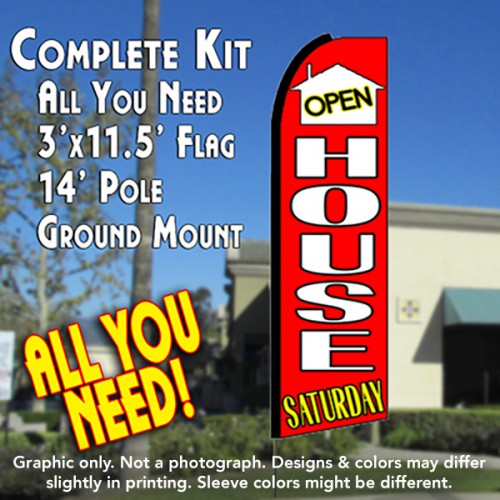 OPEN HOUSE SATURDAY (Red) Flutter Feather Banner Flag Kit (Flag, Pole, & Ground Mt)