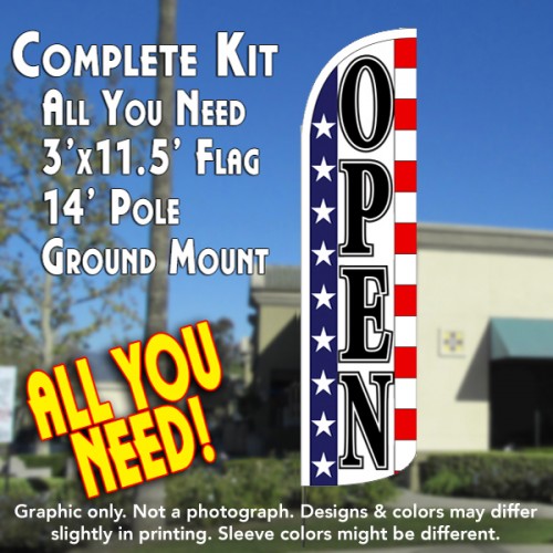 Open (Stars & Stripes) Windless Feather Banner Flag Kit (Flag, Pole, & Ground Mt)