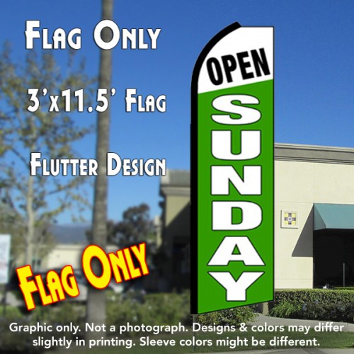 OPEN SUNDAY (White/Green) Flutter Feather Banner Flag (11.5 x 3 Feet)